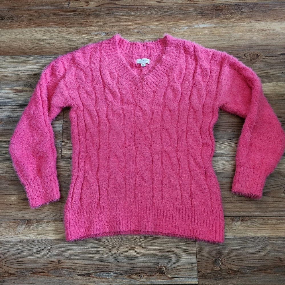 Lucky Brand Sweater Women's M Pink V-Neck Cable Knit Eyelash NEW